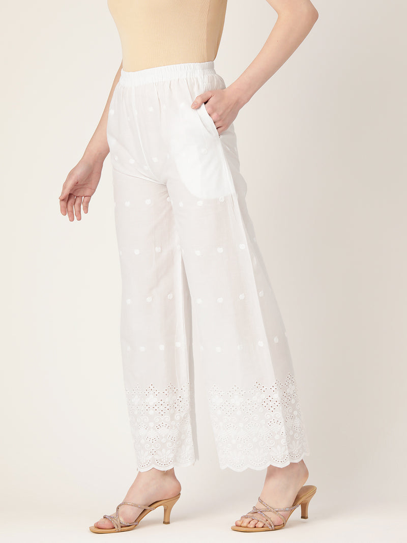 White White Embroidered Cotton Palazzos–Elastic Waist & Ankle-Length with Side Pocket