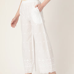 White White Embroidered Cotton Palazzos–Elastic Waist & Ankle-Length with Side Pocket