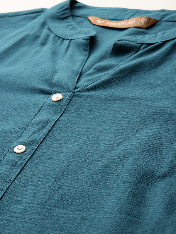 Women’s Solid Long Kurti with Mandarin Collar, 3/4 Sleeves & Pocket | Plain Elegant Cotton Kurta for Daily & Office Wear