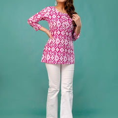 Chic Printed Short Kurti with Round Neck & 3/4 Sleeves