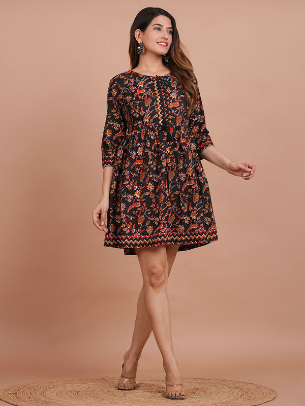 Floral Cotton Flared Dress (S–XXL | 3/4 Sleeves) – Breezy Comfort with Feminine Flow