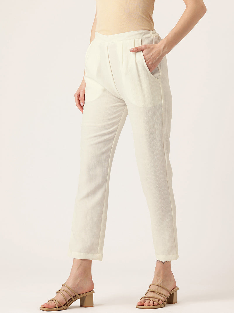Cream Linen Trouser - Ankle-Length Pant , Partially Elasticated ,Double Pockets