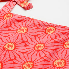 Red Sleeveless Strappy Cotton Co-Ord Set with Bow Detail & Flared Pants
