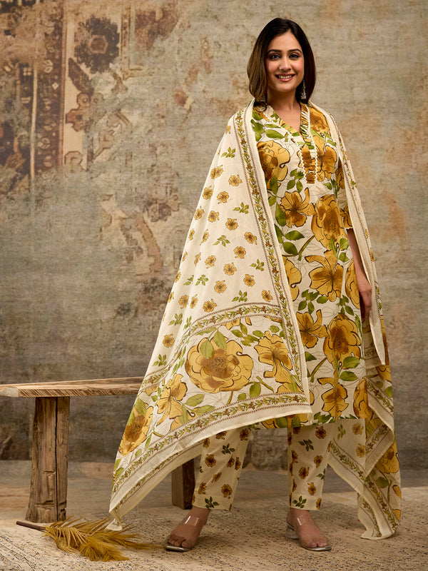 Pure Cotton Off -White Split V-Neck with Gathered Panel 3-Piece Kurta Set with Printed Dupatta