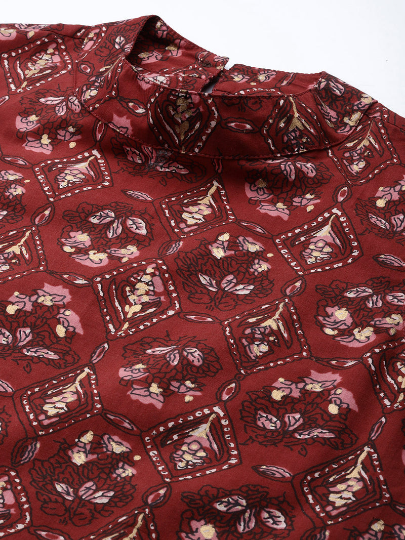 Women’s Pure Cotton Angrakha Kurti with Floral Print | 3/4 Sleeves | Adjustable Side Tie | Sizes S–XXL