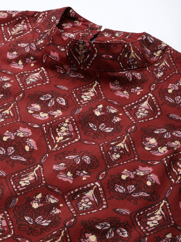 Women’s Pure Cotton Angrakha Kurti with Floral Print | 3/4 Sleeves | Adjustable Side Tie | Sizes S–XXL