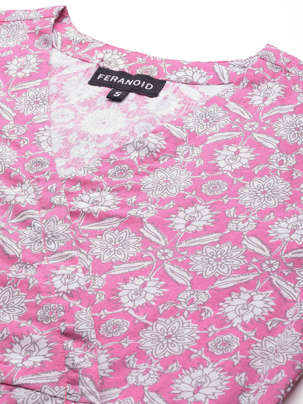 Floral Print Angrakha 3\4 Sleeves Flared Kurti