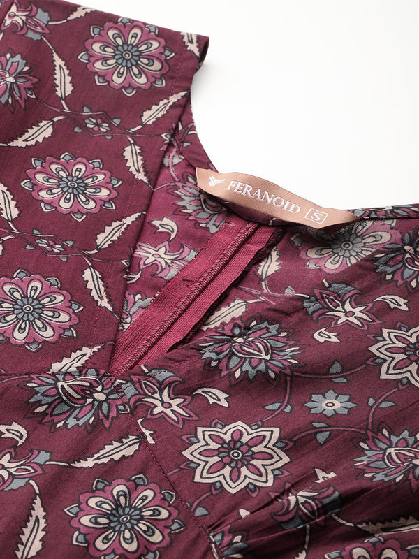 Women's Pure Cotton Floral Printed A-Line Gown with 3/4 Puff Sleeves & V-Neck