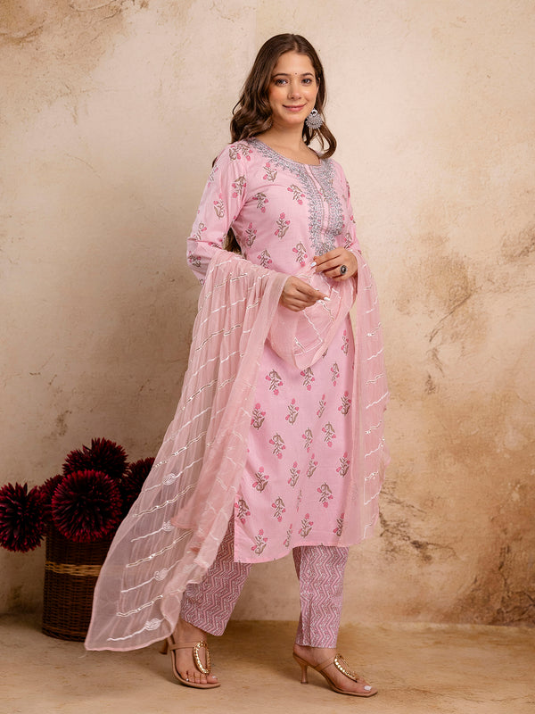 Pure Cotton Pink Embroidered Round-Neck 3-Piece Kurta Set with Printed Dupatta (MÐ3XL)