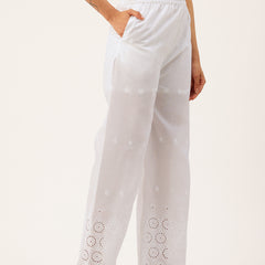 White Embroidered Palazzos–Fully Lined, Elastic Waist & Ankle-Length with Side Pocket