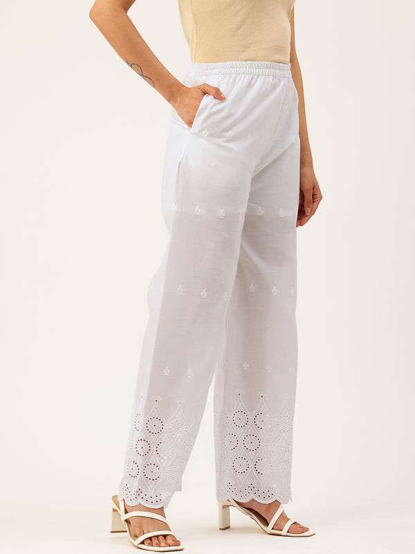 White Embroidered Palazzos–Fully Lined, Elastic Waist & Ankle-Length with Side Pocket