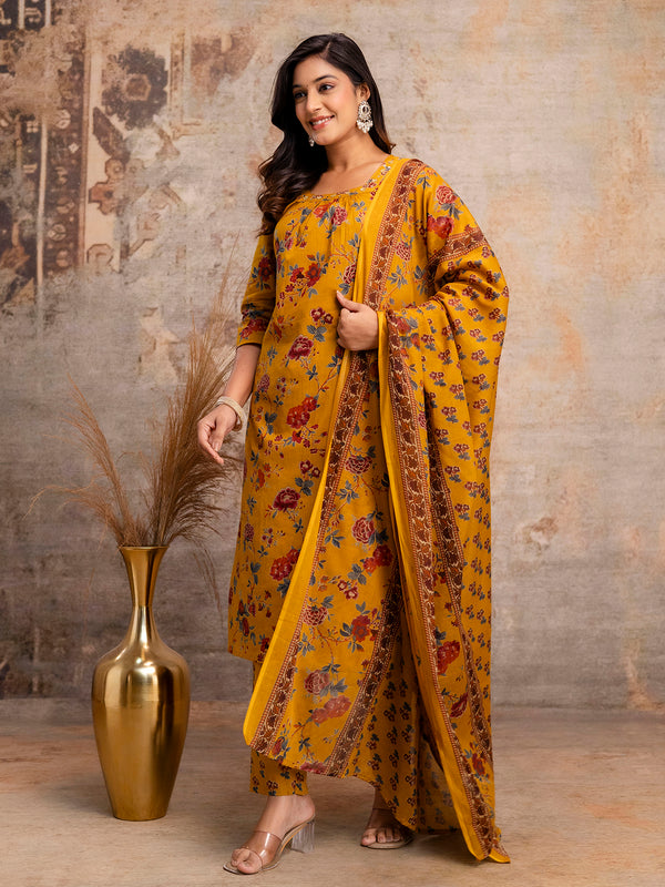 Pure Cotton Mustard Printed 3-Piece Kurta Set with Square Neckline & Dupatta