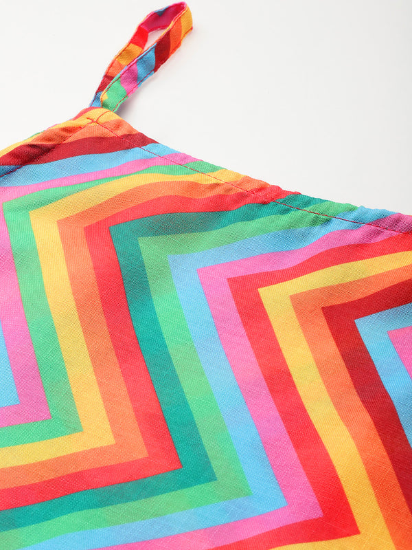 Cropped Sleeveless strap Peplum top with digital print on linen fabric.| Size- Small| Colour - Yellow, Orange, Red, Blue, Green