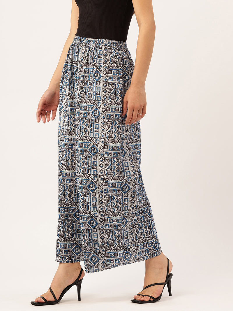 Blue Trendy Women's Blue Printed Cotton Palazzos - Elasticated Waist & Ankle-Length Fit