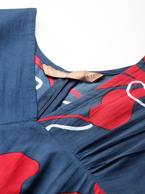 Women's Pure Cotton Floral Printed A-Line Gown with 3/4 Puff Sleeves & V-Neck