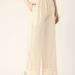 Beige Palazzos | Embroidered Elegnace With Elastic Waist & Single Pocket