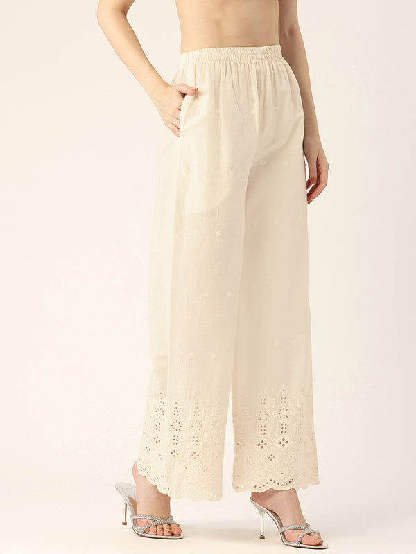 Beige Palazzos | Embroidered Elegnace With Elastic Waist & Single Pocket