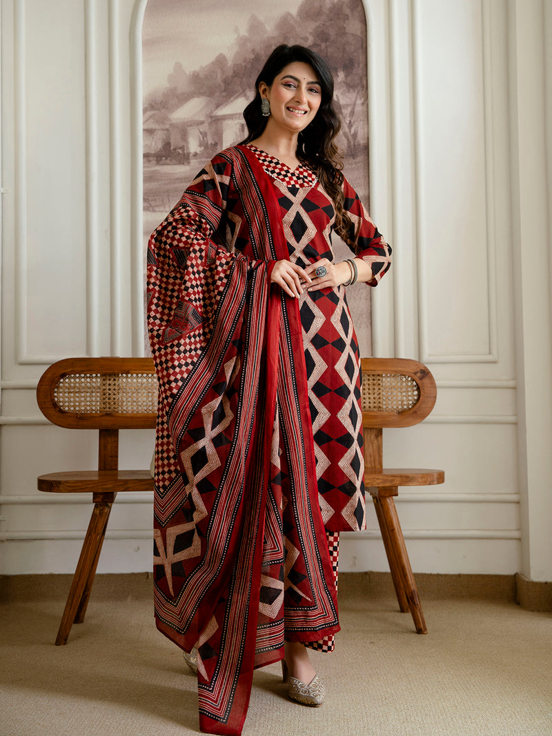 Bordered V-Neck 3-Piece Kurta Set with Ankle-Length Pants & Full-Length Dupatta (M–XXL)