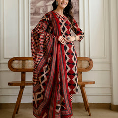 Bordered V-Neck 3-Piece Kurta Set with Ankle-Length Pants & Full-Length Dupatta (M–XXL)