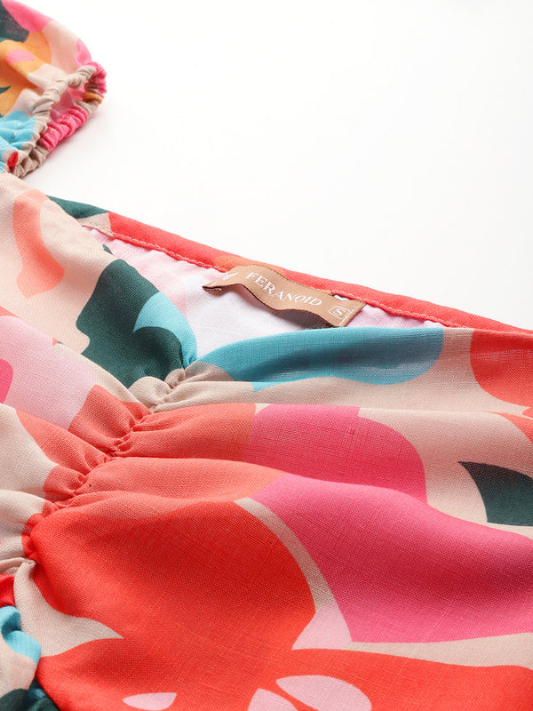 Cropped v-neck peplum puff sleeved top with digital print on linen fabric.