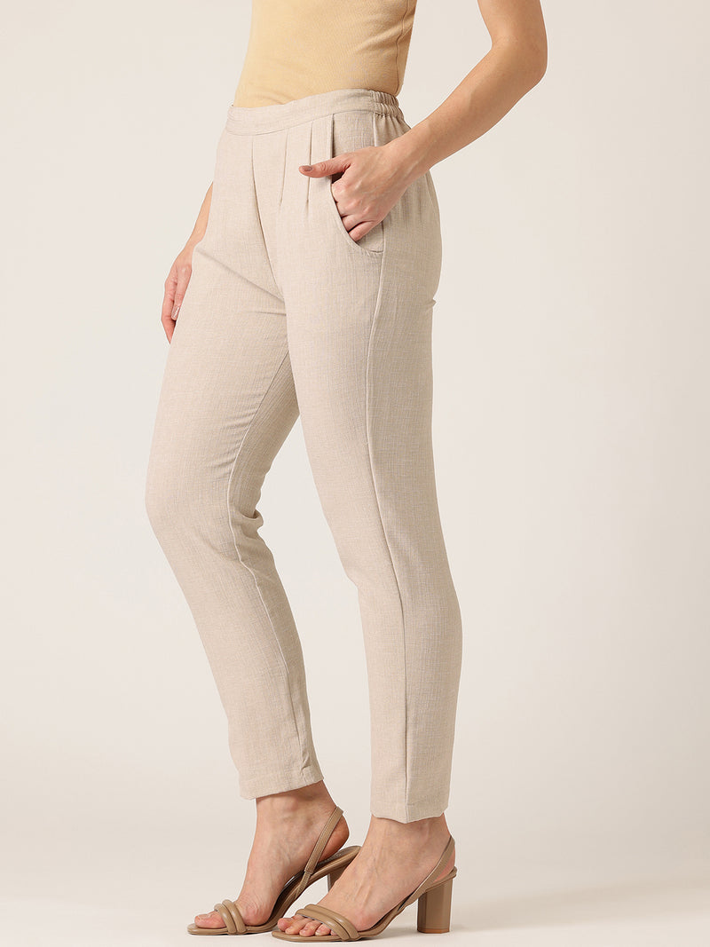 Brown Linen Trouser - Ankle-Length Pant , Partially Elasticated ,Double Pockets