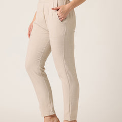 Brown Linen Trouser - Ankle-Length Pant , Partially Elasticated ,Double Pockets