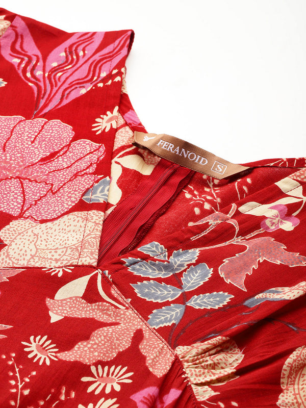 Women's Pure Cotton Floral Printed A-Line Gown with 3/4 Puff Sleeves & V-Neck