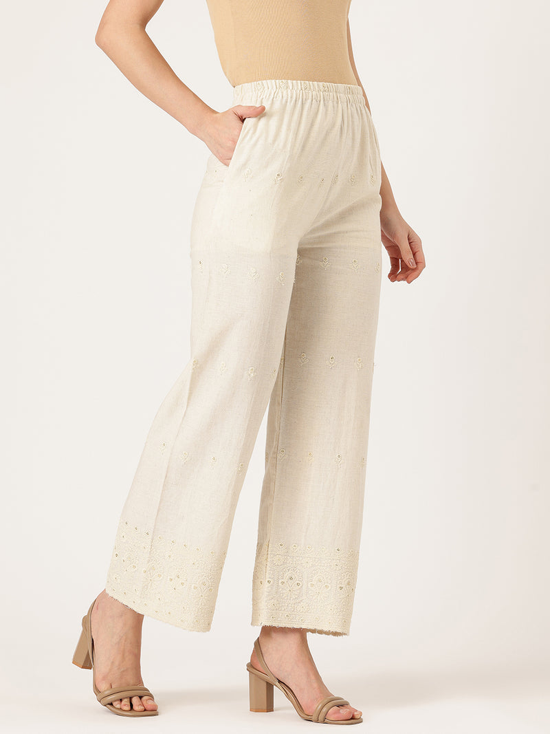 Beige Beige Palazzo|Embroidered, Flax Cotton, Sequin Detail, Ankle-Length, Single Pocket