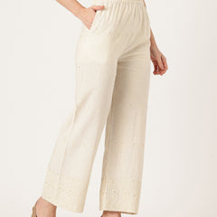 Beige Beige Palazzo|Embroidered, Flax Cotton, Sequin Detail, Ankle-Length, Single Pocket