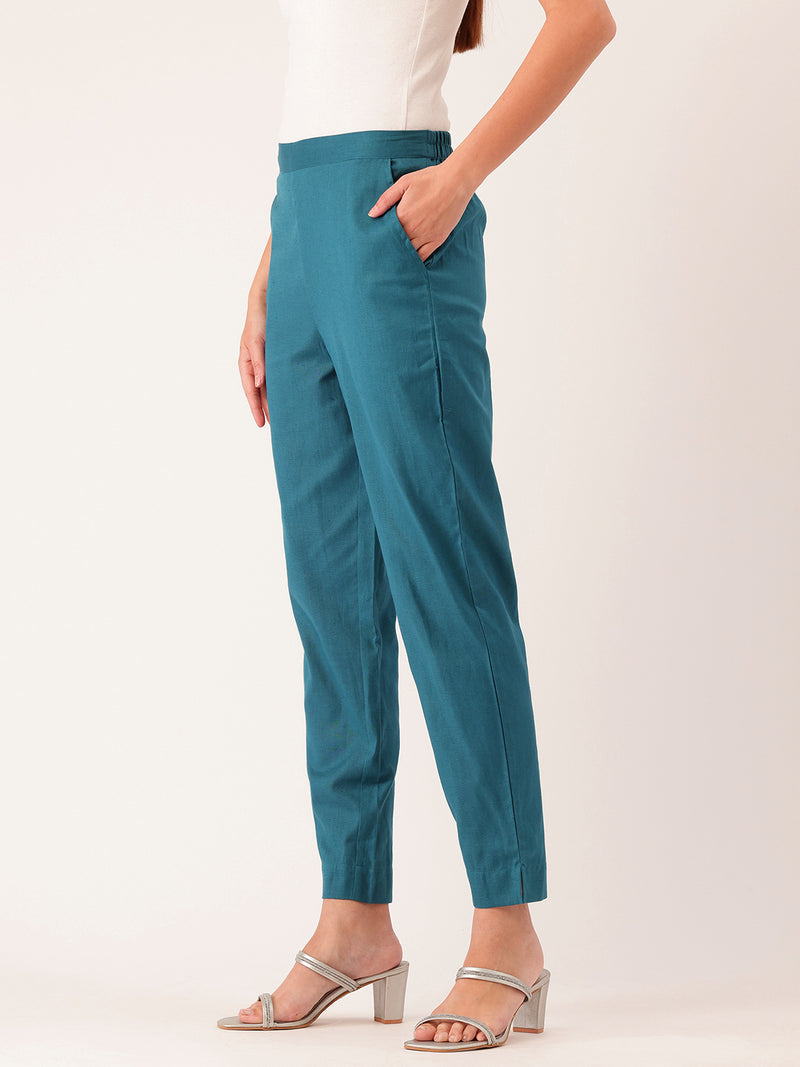 Light Blue Cotton Pants - Double Pockets, Adjustable Waist, and Ankle-Length Fit