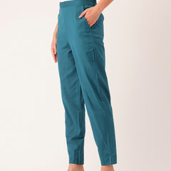 Light Blue Cotton Pants - Double Pockets, Adjustable Waist, and Ankle-Length Fit