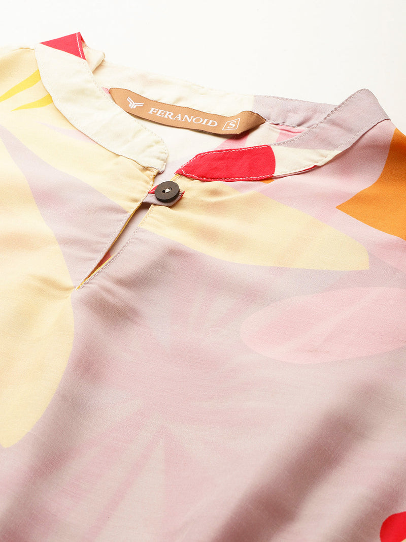 Women’s Multi-Color Muslin Floral Dress with Mandarin Collar & 3/4 Smocked Sleeves