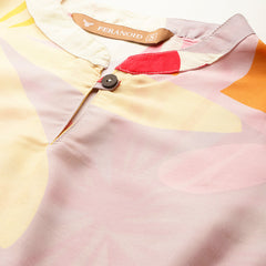 Women’s Multi-Color Muslin Floral Dress with Mandarin Collar & 3/4 Smocked Sleeves