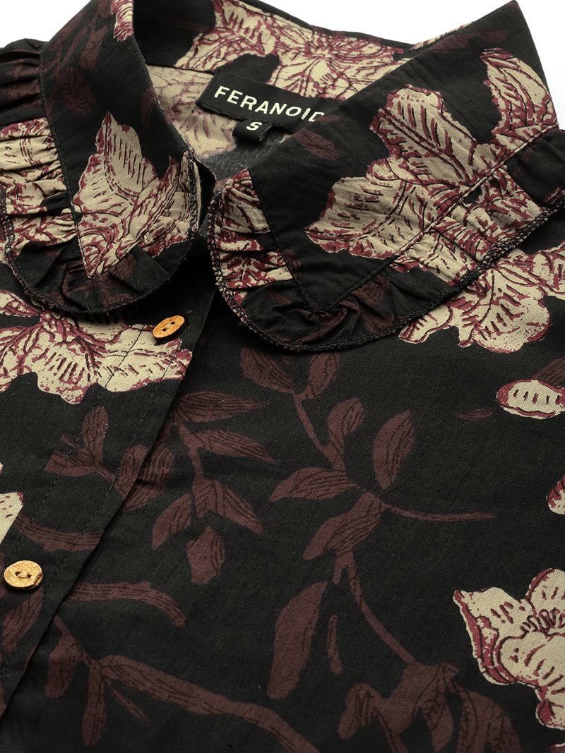 Black Elegant Collared Co-Ord Set with Frill Detail & Elasticated Pants