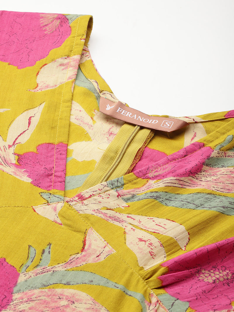 Women's Pure Cotton Floral Printed A-Line Gown with 3/4 Puff Sleeves & V-Neck