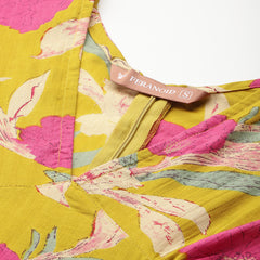 Women's Pure Cotton Floral Printed A-Line Gown with 3/4 Puff Sleeves & V-Neck