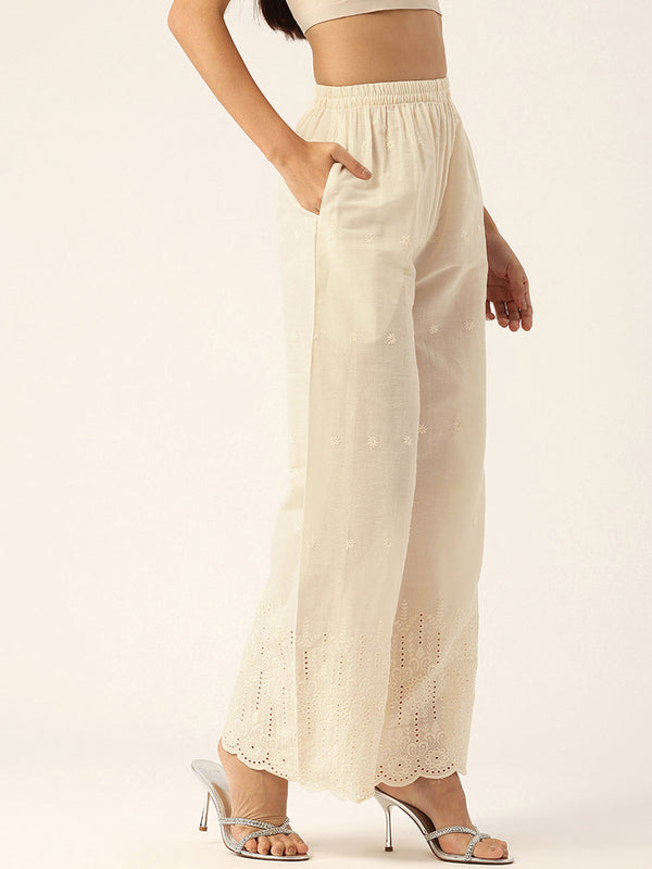 Beige Palazzos | Embroidered Elegnace With Elastic Waist & Single Pocket
