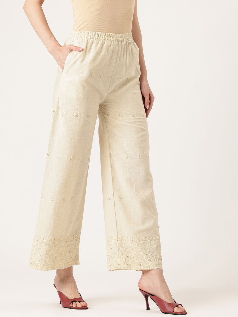Beige Beige Palazzo|Embroidered, Flax Cotton, Sequin Detail, Ankle-Length, Single Pocket