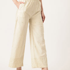 Beige Beige Palazzo|Embroidered, Flax Cotton, Sequin Detail, Ankle-Length, Single Pocket