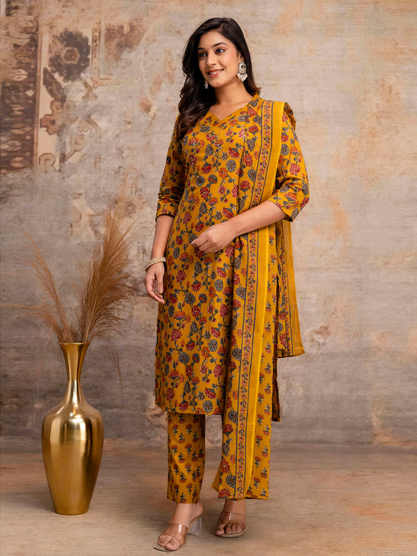 Pure Cotton Mustard Floral Printed 3-Piece Kurta Set with Dupatta