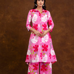 Pink Women’s Co-Ord Set–Printed Collared Kurta with 3/4 Sleeves & Elastic Waist Pants