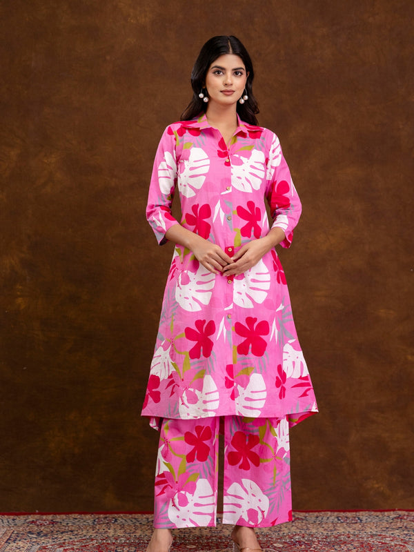 Pink Women’s Co-Ord Set–Printed Collared Kurta with 3/4 Sleeves & Elastic Waist Pants