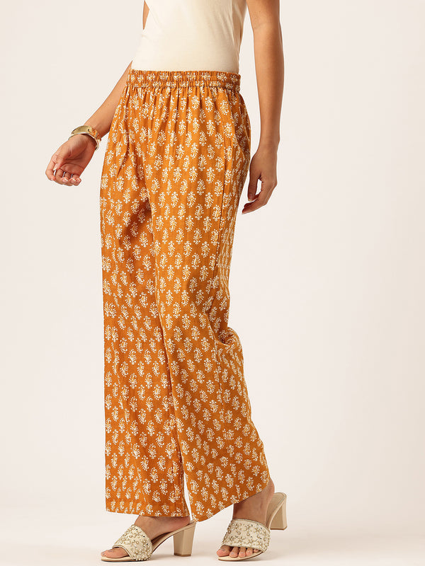Gold Women Pure Cotton Paisley Printed Palazzo Pants | Elastic Waist | Wide Leg