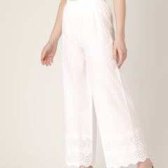 White White Embroidered Cotton Palazzos–Elastic Waist & Ankle-Length with Side Pocket