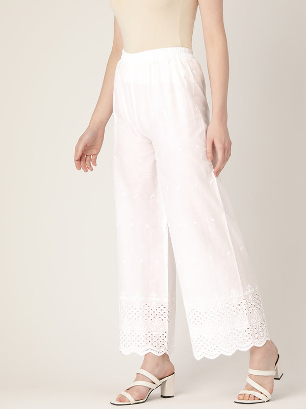 White White Embroidered Cotton Palazzos–Elastic Waist & Ankle-Length with Side Pocket