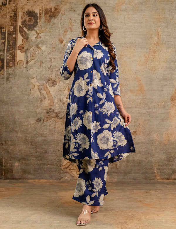 Blue Women’s Co-Ord Set–Printed Collared Kurta with 3/4 Sleeves & Elastic Waist Pants