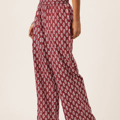 Maroon Women Pure Cotton Paisley Printed Palazzo Pants | Elastic Waist | Wide Leg