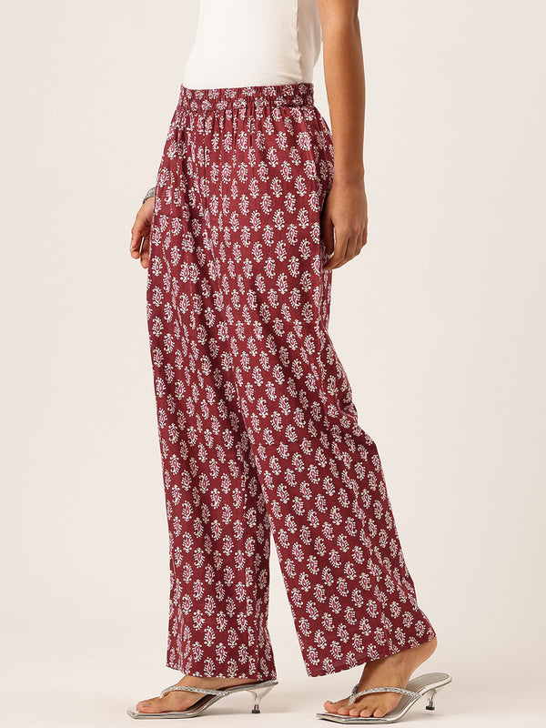 Maroon Women Pure Cotton Paisley Printed Palazzo Pants | Elastic Waist | Wide Leg