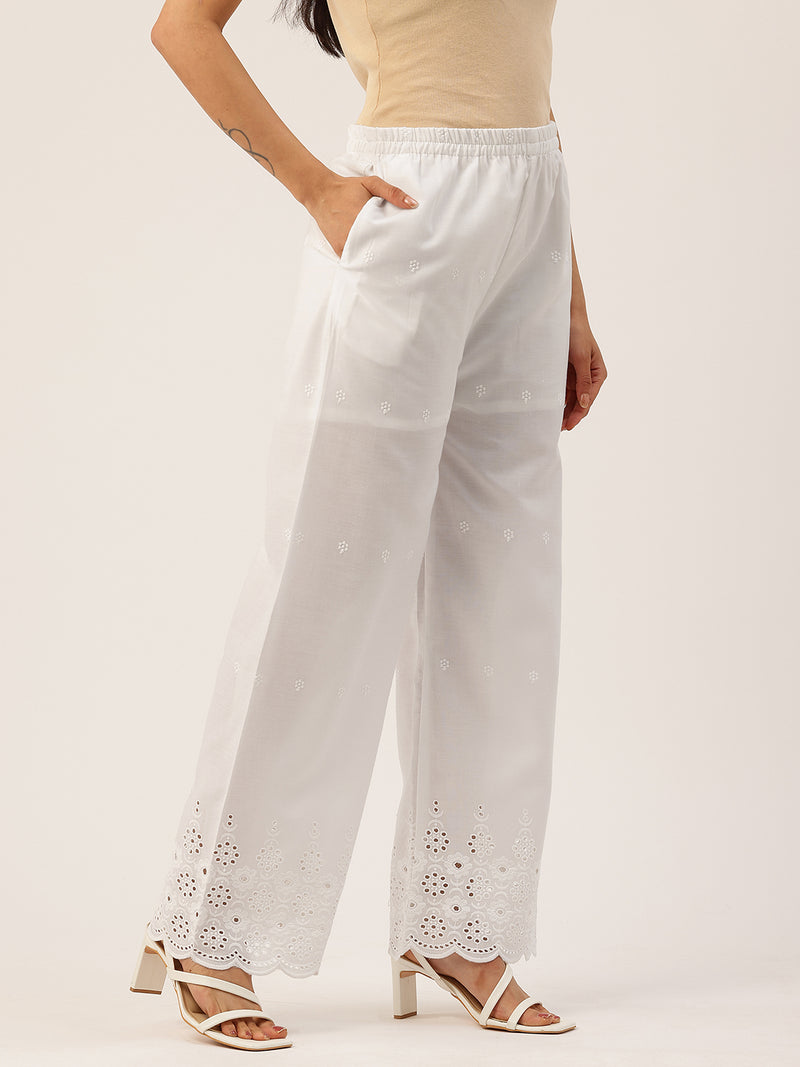 White Embroidered Palazzos–Fully Lined, Elastic Waist & Ankle-Length with Side Pocket