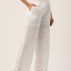 White Embroidered Palazzos–Fully Lined, Elastic Waist & Ankle-Length with Side Pocket